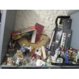 A mixed lot to include three keyboards, glassware, decanters, ornaments and vintage toys