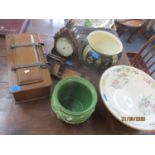 Late 19th century collectables to include a gothic oak cased barometer, two planters, a wash bowl,