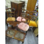 Mixed furniture to include a reproduction mahogany cabinet, four chairs, a foot stool on ball and
