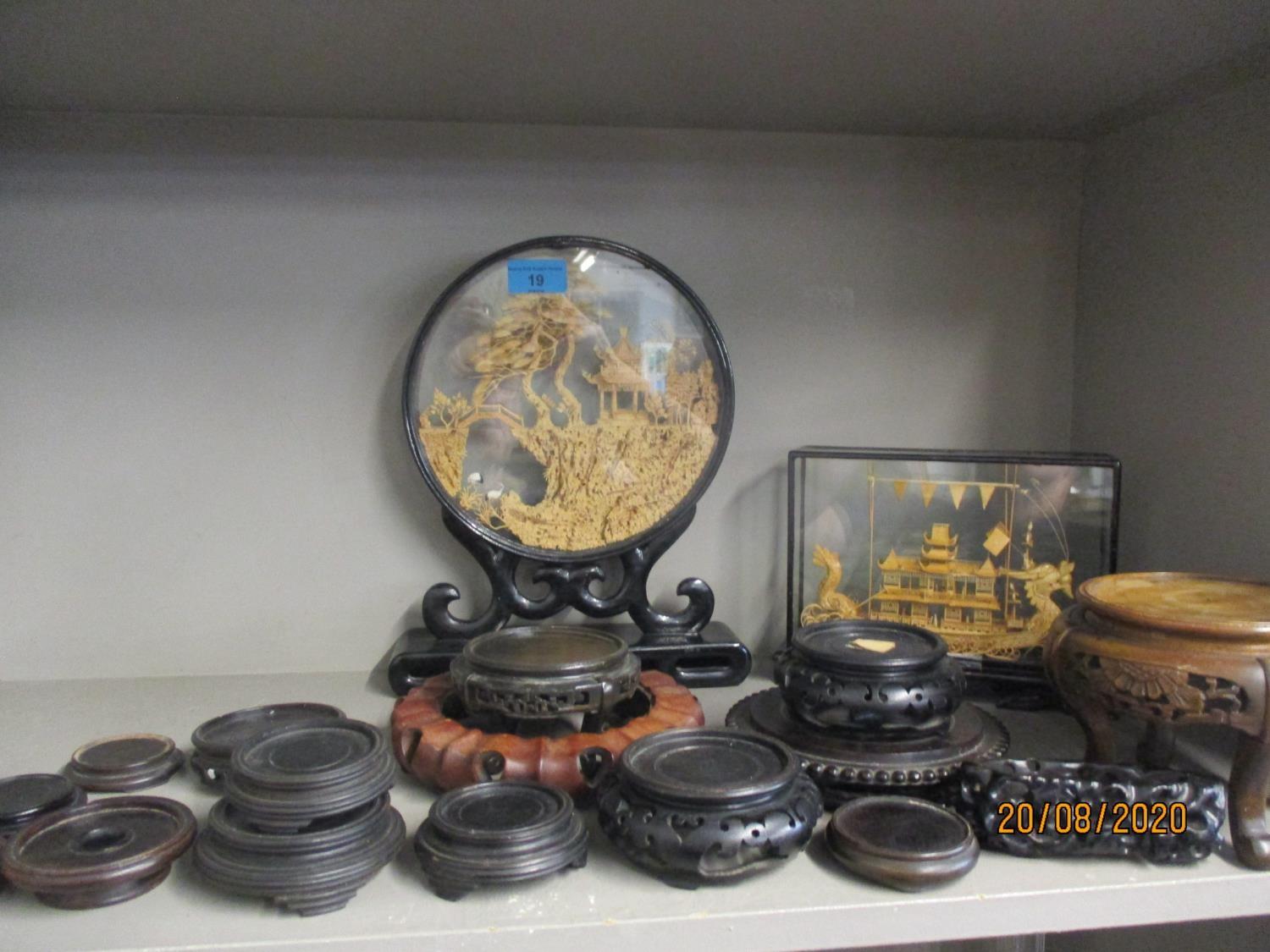 Chinese carved wooden stands and two dioramas