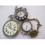 An early 20th century 9ct gold cased ladies wristwatch on a gold plated strap, together with three