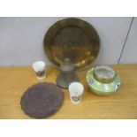 Ceramics and metalware to include an ornate bell, a Chinese brass dish and other items, Loc: RSB