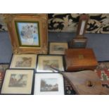 F J Mann 19th century prints and others, early 20th century oak bellows, a vintage oak cased wall
