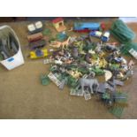 Retro toy plastic zoo and farm animals, together with a Corgi Major Articulated horsebox, together