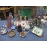 A mixed lot to include a Masons meat plate, silver plated tankard, pewter tankard, glassware to