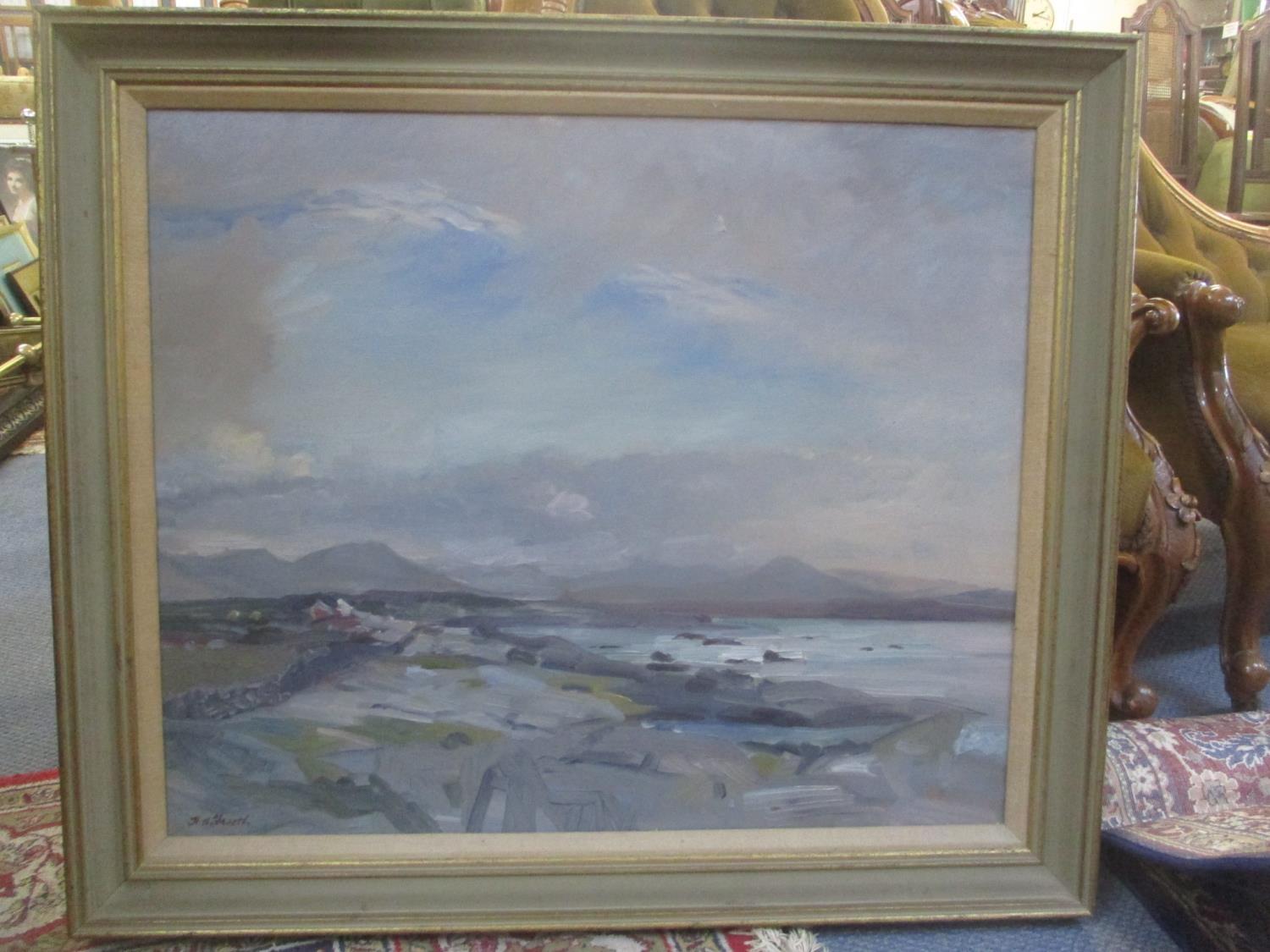 H Andrew Freeth - Oil on canvas depicting a seascape with mountains to the background 29 1/2" x 24 - Image 2 of 5