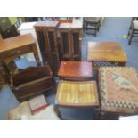 A mixed lot of furniture to include a single drawer side table, hardwood foot stool, nest of