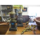 A pair of black slate table lamps with Greek figural frieze A/F, together with an early 20th century