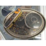 An Edwardian silver and inlaid tortoiseshell oval tray, a circular similar dressing table pot on