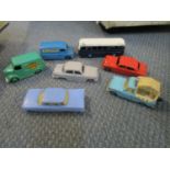 A group of five Dinky Toys vehicles to include a Cydrasc Trojan van in green, and a Corgi Toys,