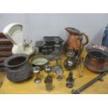 Metalware to include two scales, silver plated tableware, a copper jug and jardiniere