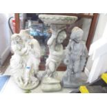 Three composition stone garden statues, one holding a bird bath 35 1/4" H