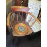 A 19th century elm seated desk armchair having turned supports, together with a tapestry in a pine