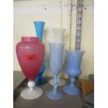 A group of mid-century Italian Opalina Florentina glass vases and a pair of spelter figures A/F