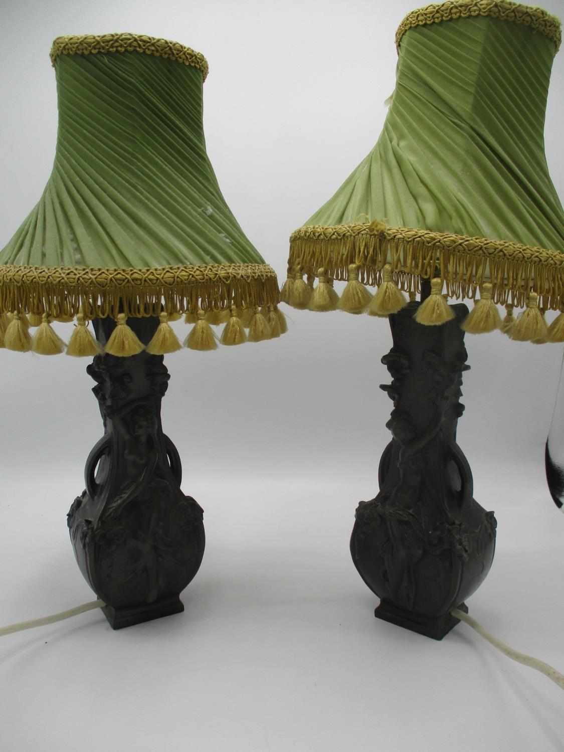 A pair of resin table lamps in the style of Art Nouveau twin handled pewter vases, (lamp shades A/ - Image 2 of 3