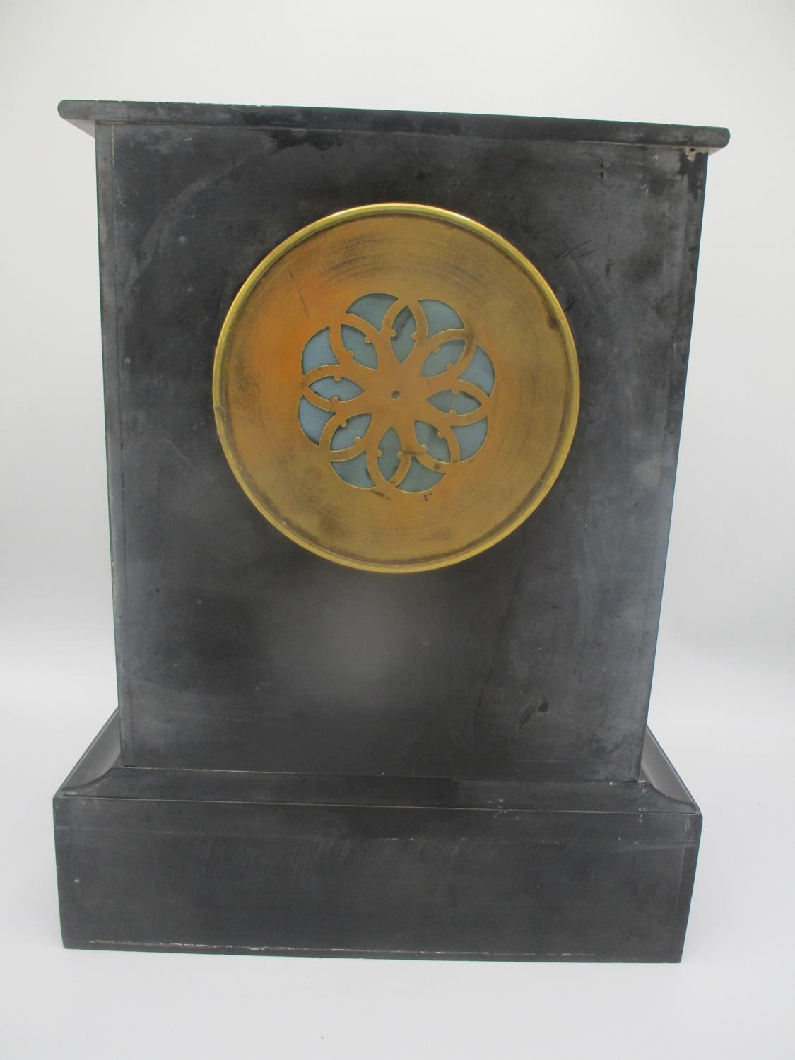 A late 19th century large slate and marble mantle clock, having a white enamel dial, signed - Image 4 of 7