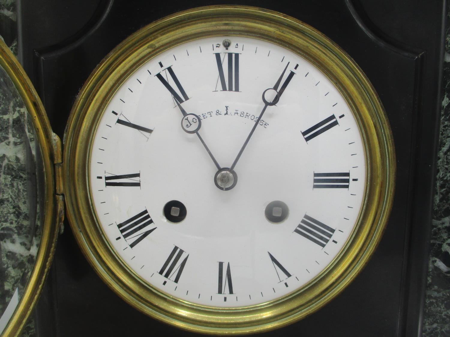 A late 19th century large slate and marble mantle clock, having a white enamel dial, signed - Image 2 of 7