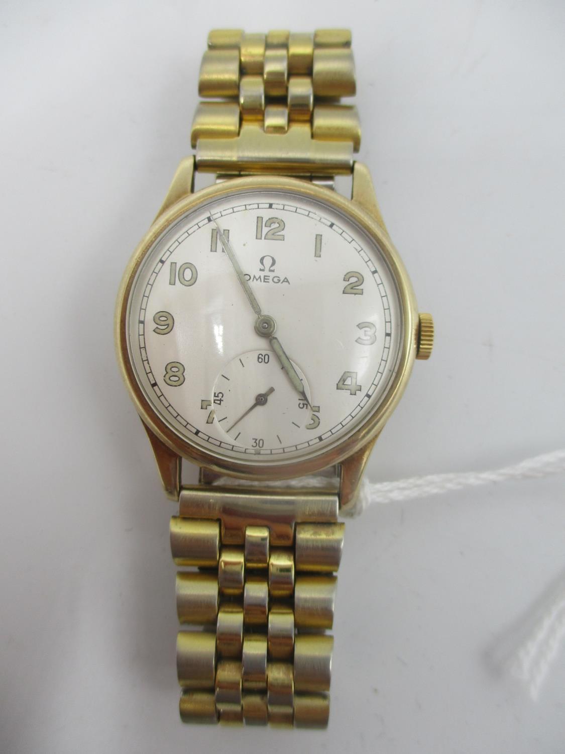 An Omega 9ct gold gents manual wind wristwatch circa 1944, the dial having Arabic numerals and - Image 2 of 8