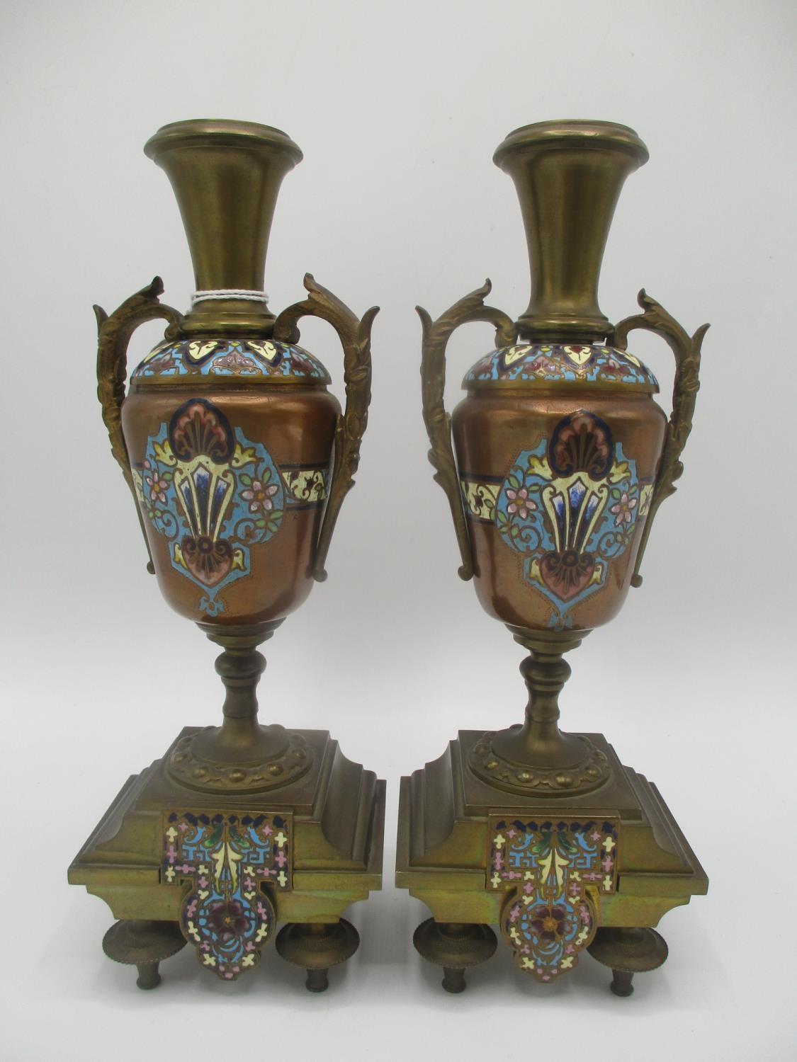 A late 19th century gilt metal cloisonne clock garniture set, the clock of architectural form having - Image 7 of 7