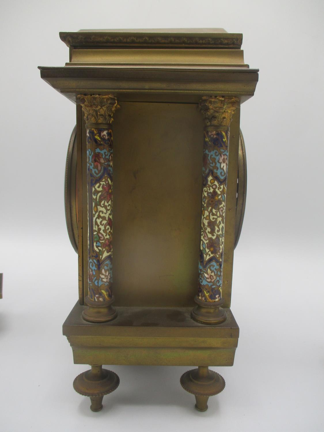 A late 19th century gilt metal cloisonne clock garniture set, the clock of architectural form having - Image 3 of 7