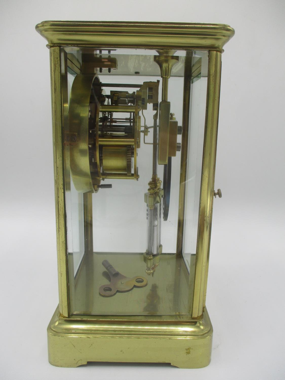 A late 19th century French 8 day brass mantle clock having a mercury pendulum, the movement signed A - Image 2 of 4