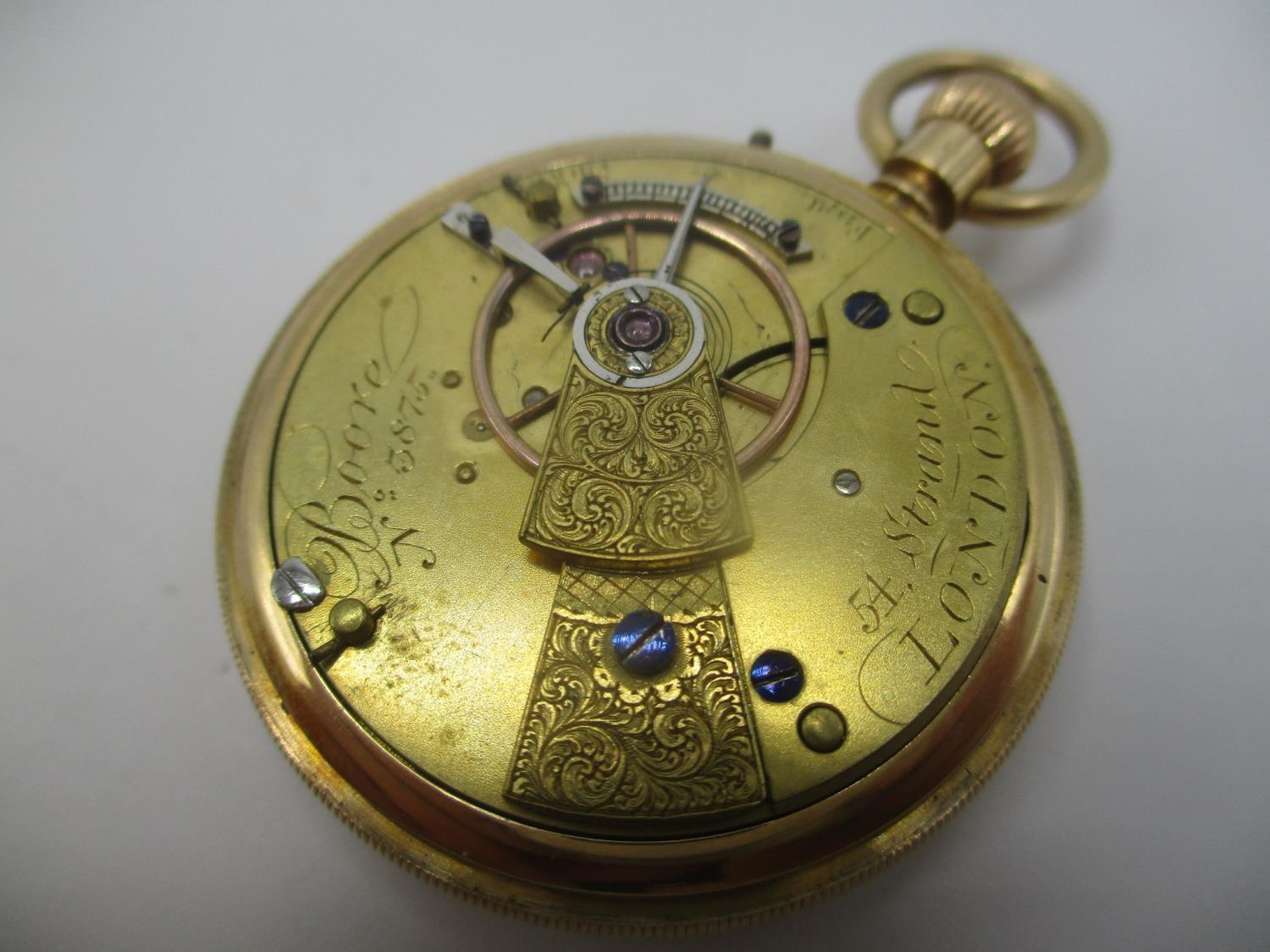 A late 19th/early 20th century 18ct gold open faced, keyless wound fob watch having a machine turned - Image 6 of 6