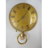 A late 19th/early 20th century 18ct gold open faced, keyless wound fob watch having a machine turned