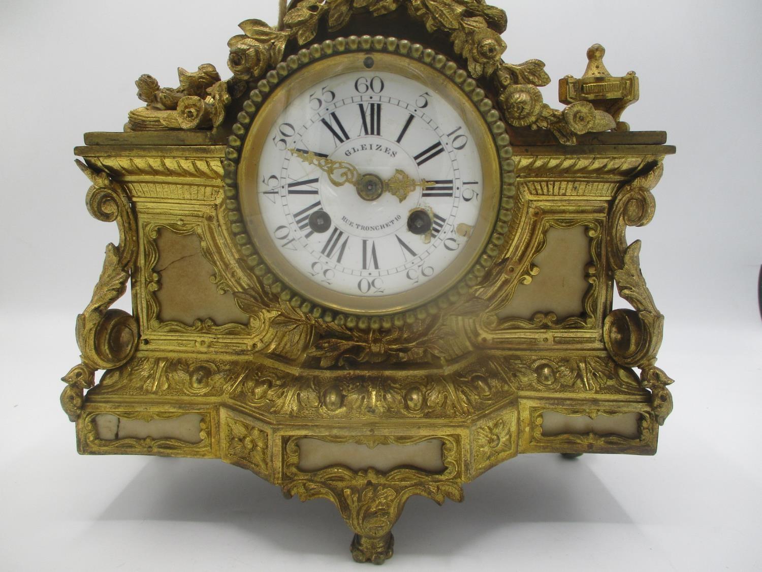 A mid/late 19th century French gilt metal mantle clock decorated with a cherub to the top with two - Image 3 of 7