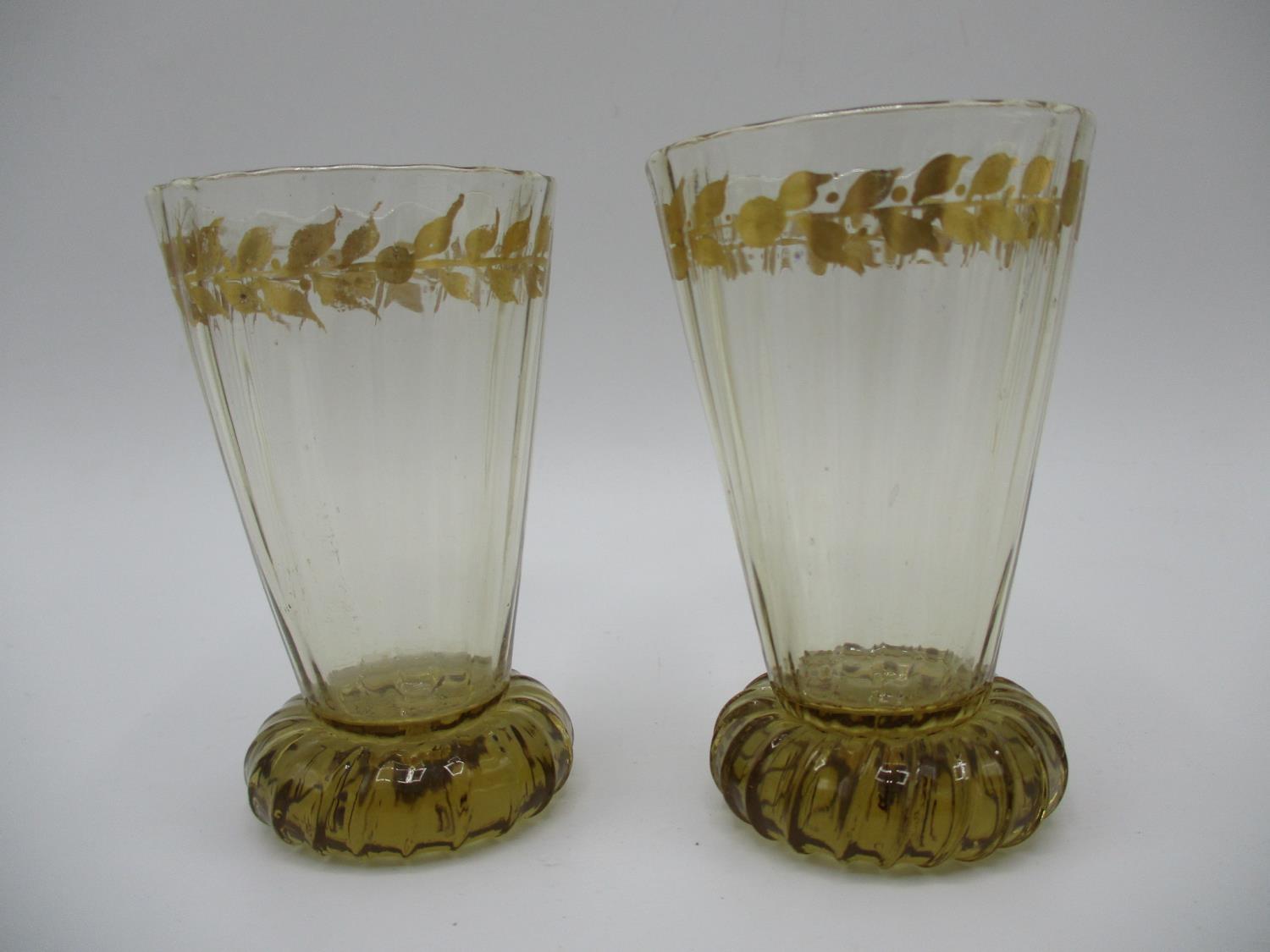 A pair of late 19th century Galle glasses with a tapered, ribbed body decorated with a fruiting - Image 3 of 6