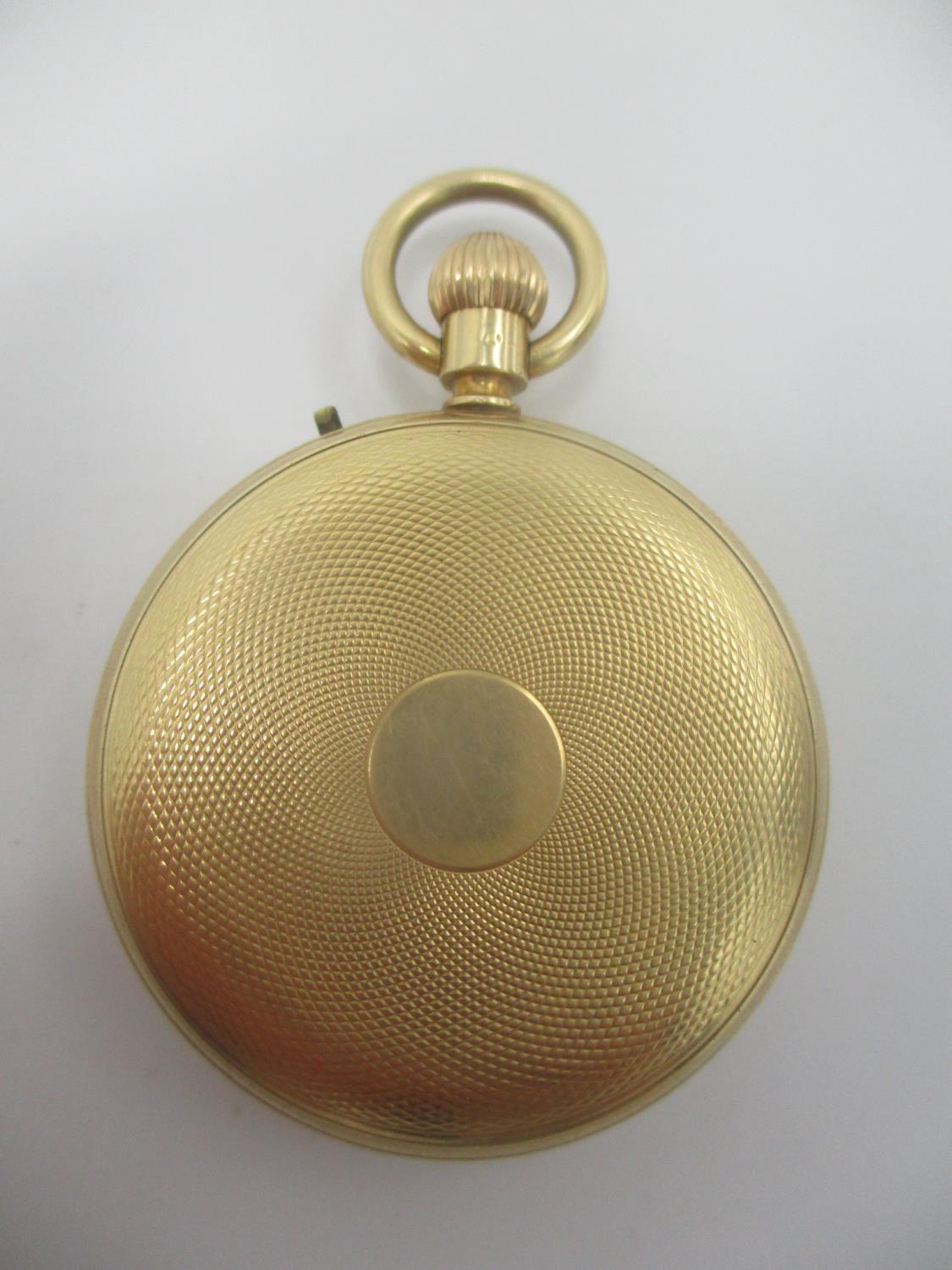 A late 19th/early 20th century 18ct gold open faced, keyless wound fob watch having a machine turned - Image 3 of 6