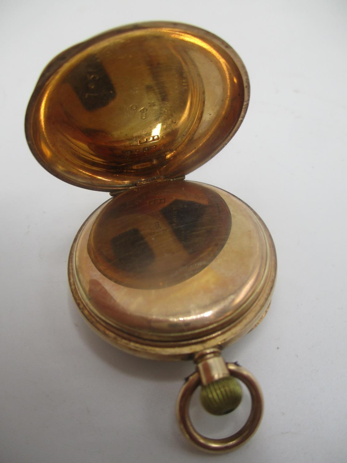 An early 20th century 12ct gold keyless wound fob watch, having a white enamel dial with Roman - Image 4 of 5