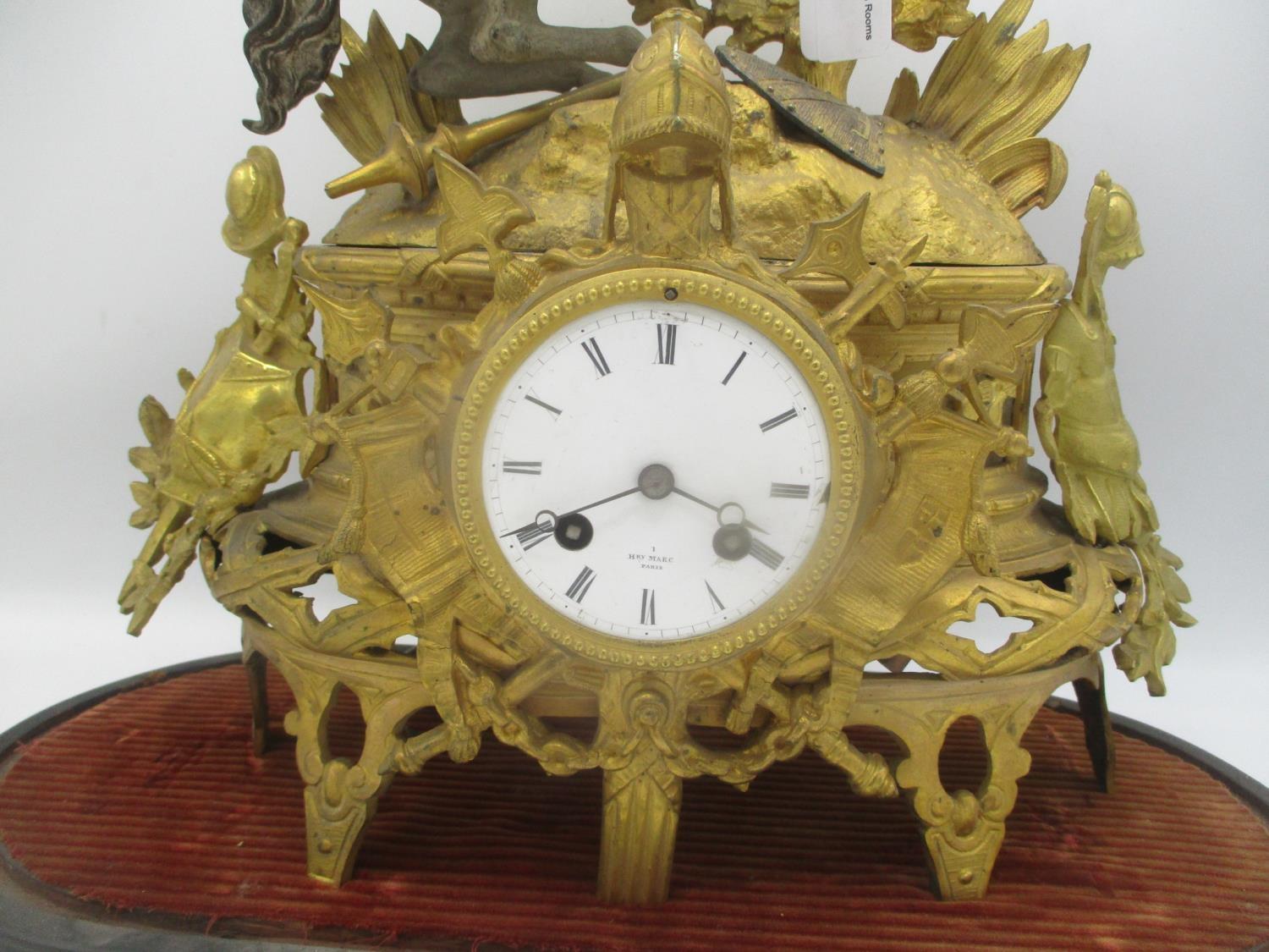 A late 19th century French gilt metal mantle clock decorated with a man on horseback, armour and - Image 3 of 7