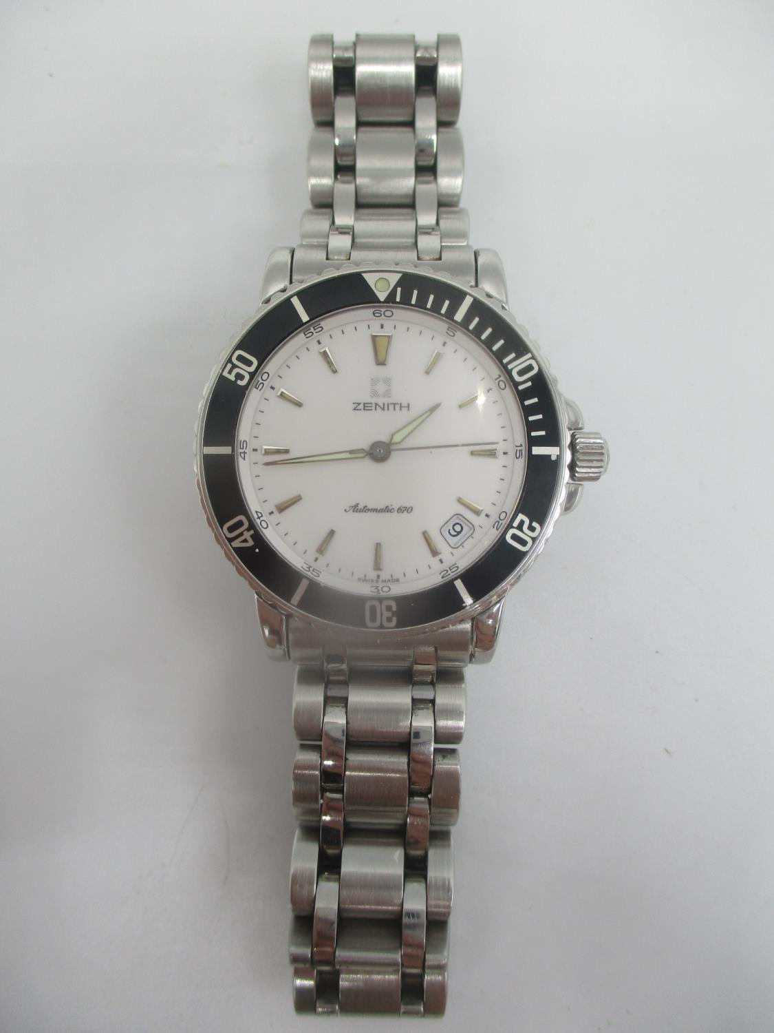 A Zenith Rainbow 670 automatic gents stainless steel wristwatch having a rotating black bezel, white - Image 2 of 8