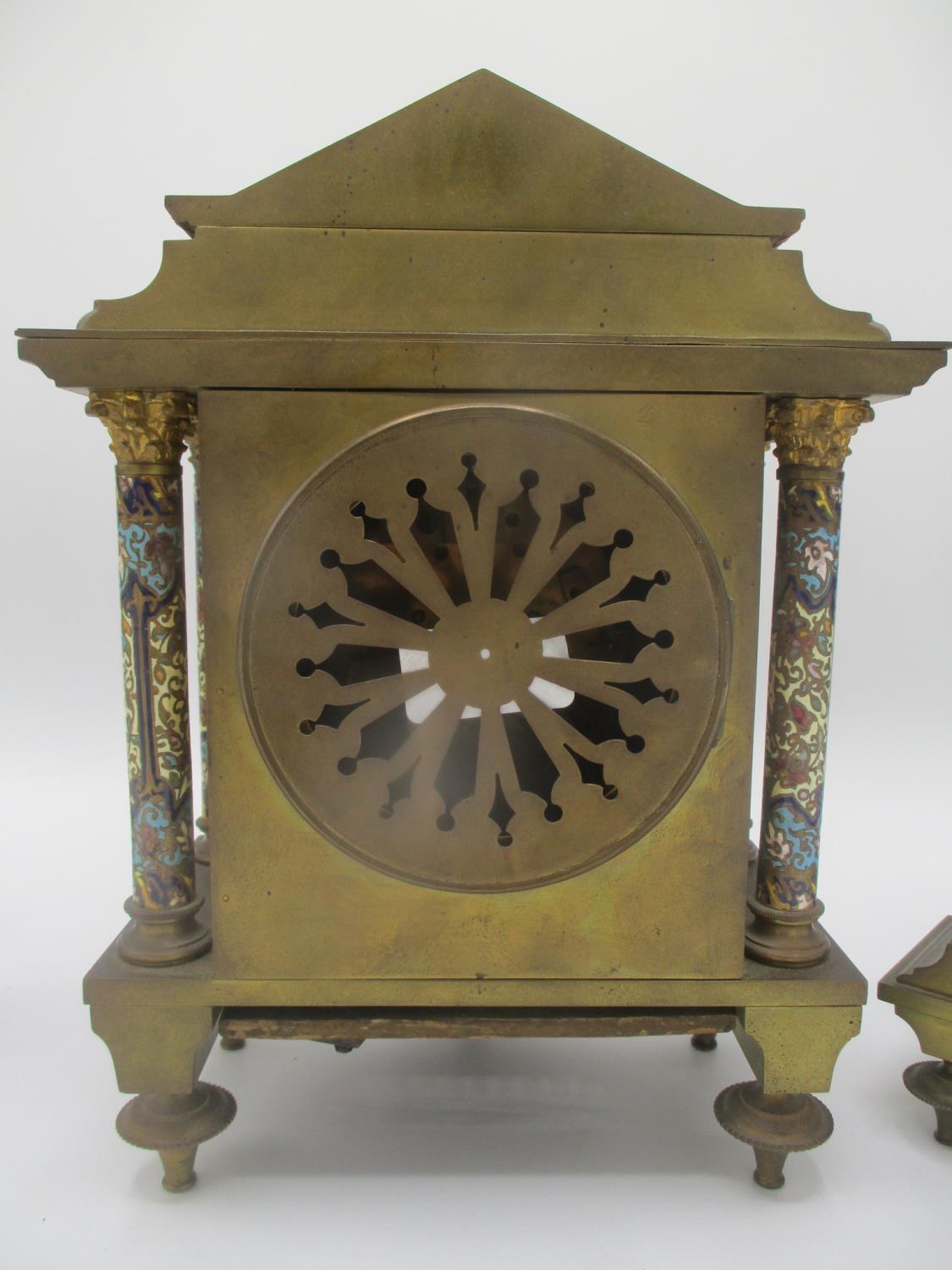 A late 19th century gilt metal cloisonne clock garniture set, the clock of architectural form having - Image 4 of 7