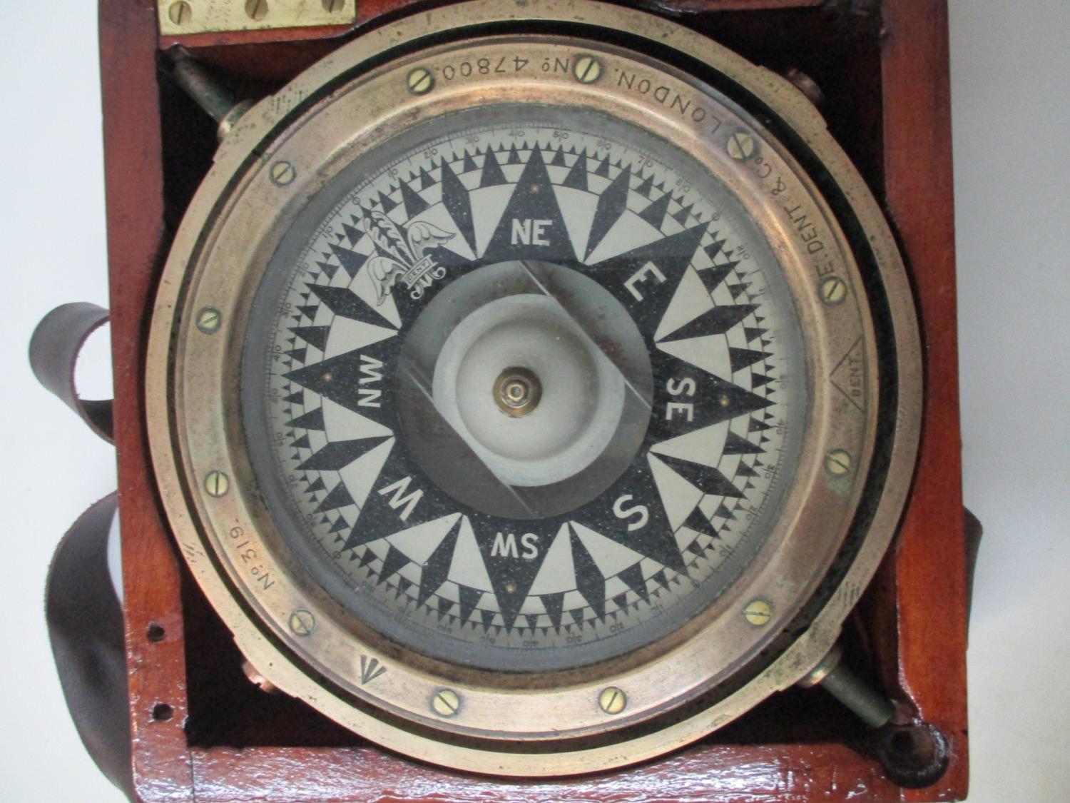 An E Dent & Co London brass cased government issue ships compass circa 1900 with black and off white - Image 2 of 5