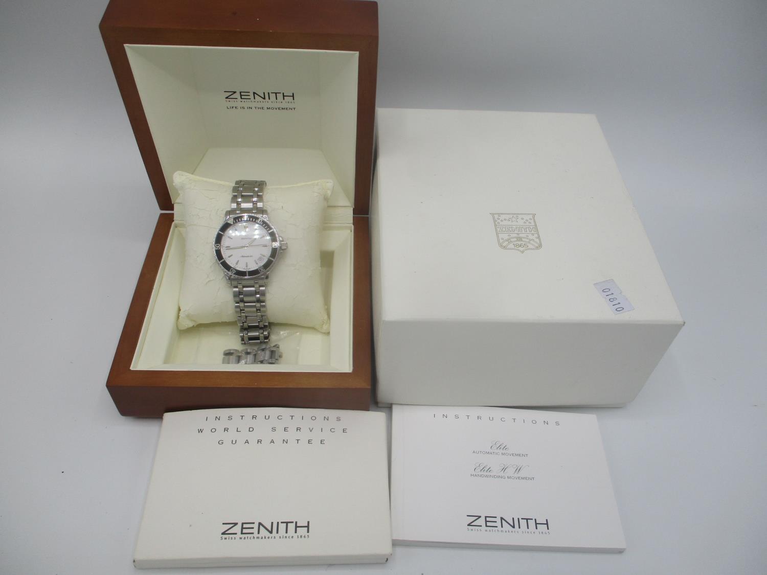 A Zenith Rainbow 670 automatic gents stainless steel wristwatch having a rotating black bezel, white - Image 8 of 8