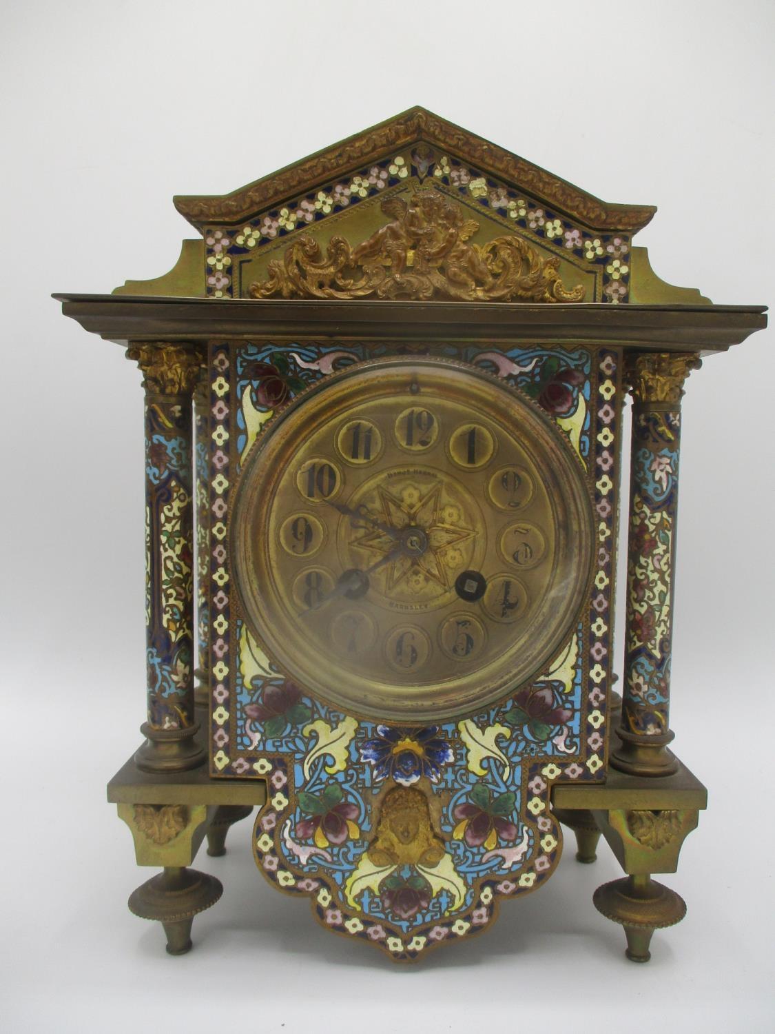 A late 19th century gilt metal cloisonne clock garniture set, the clock of architectural form having - Image 2 of 7