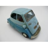 A 1950s Bandai Japanese two tone blue tin plate Isetta 300 bubble car, 3 1/2" x 6 1/4"w, friction