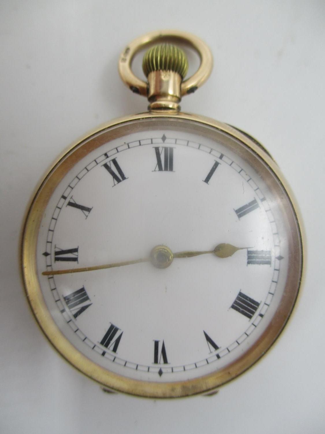 An early 20th century 12ct gold keyless wound fob watch, having a white enamel dial with Roman - Image 2 of 5