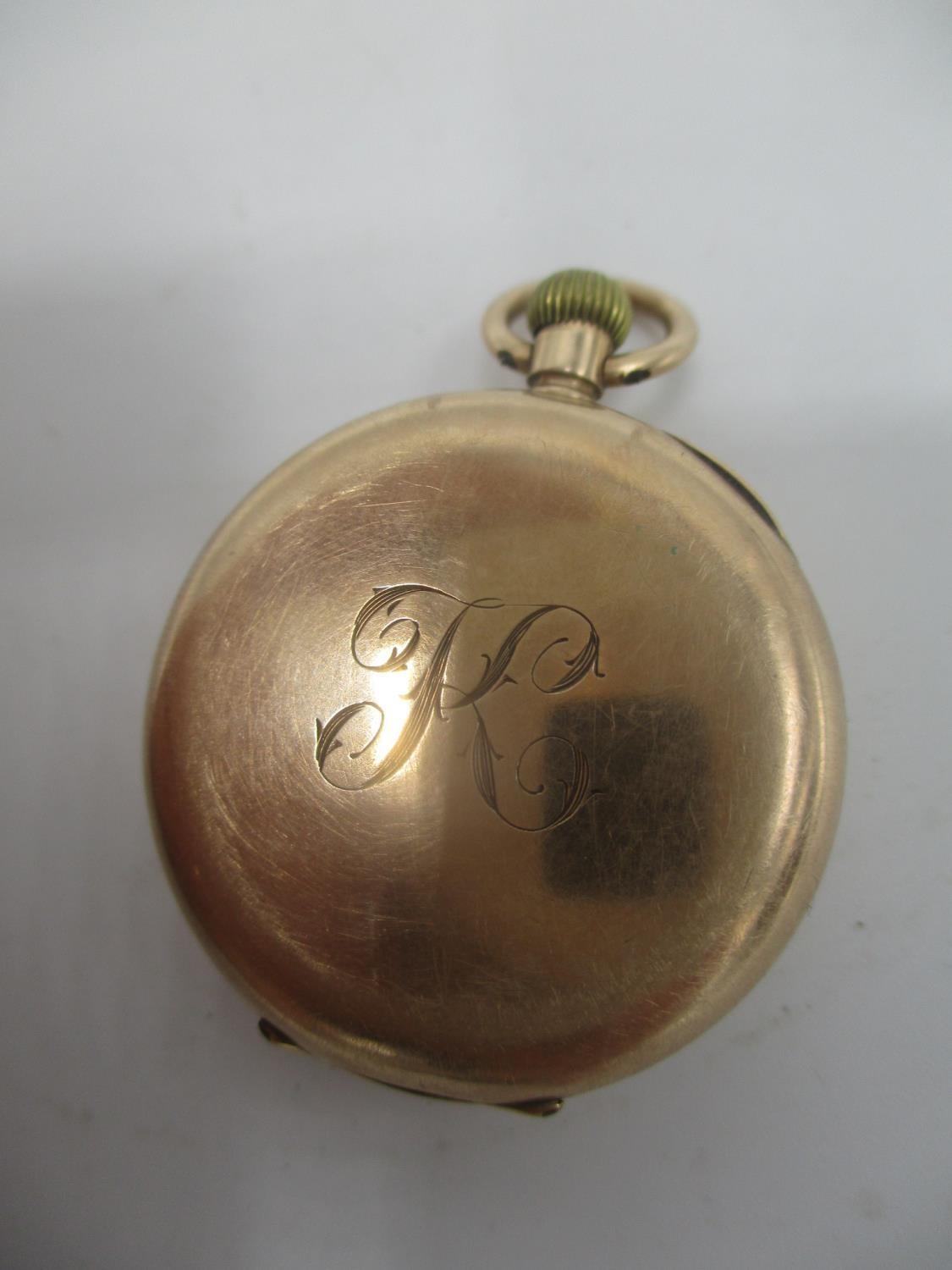 An early 20th century 12ct gold keyless wound fob watch, having a white enamel dial with Roman - Image 3 of 5