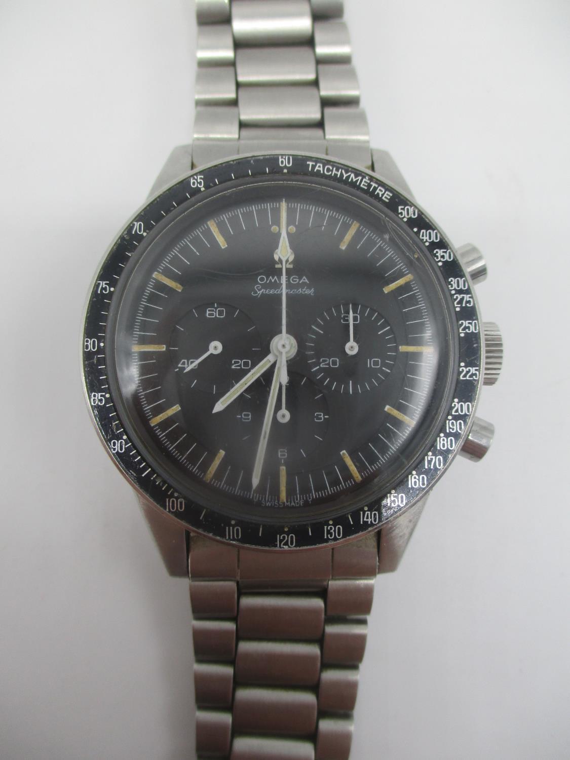 An Omega premoon, Speedmaster Ed White, manual wind, stainless steel gents wristwatch. The black