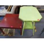 A green painted two tier bamboo occasional table, together with a maroon painted square lamp table