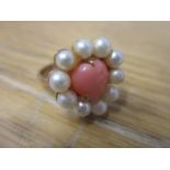 A 9ct gold coral and pearl heart shaped ring, 4.6g