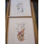 Tim Bulmer - two caricatures Picking up the Litter and Pop in for a Quick Half, watercolours, framed