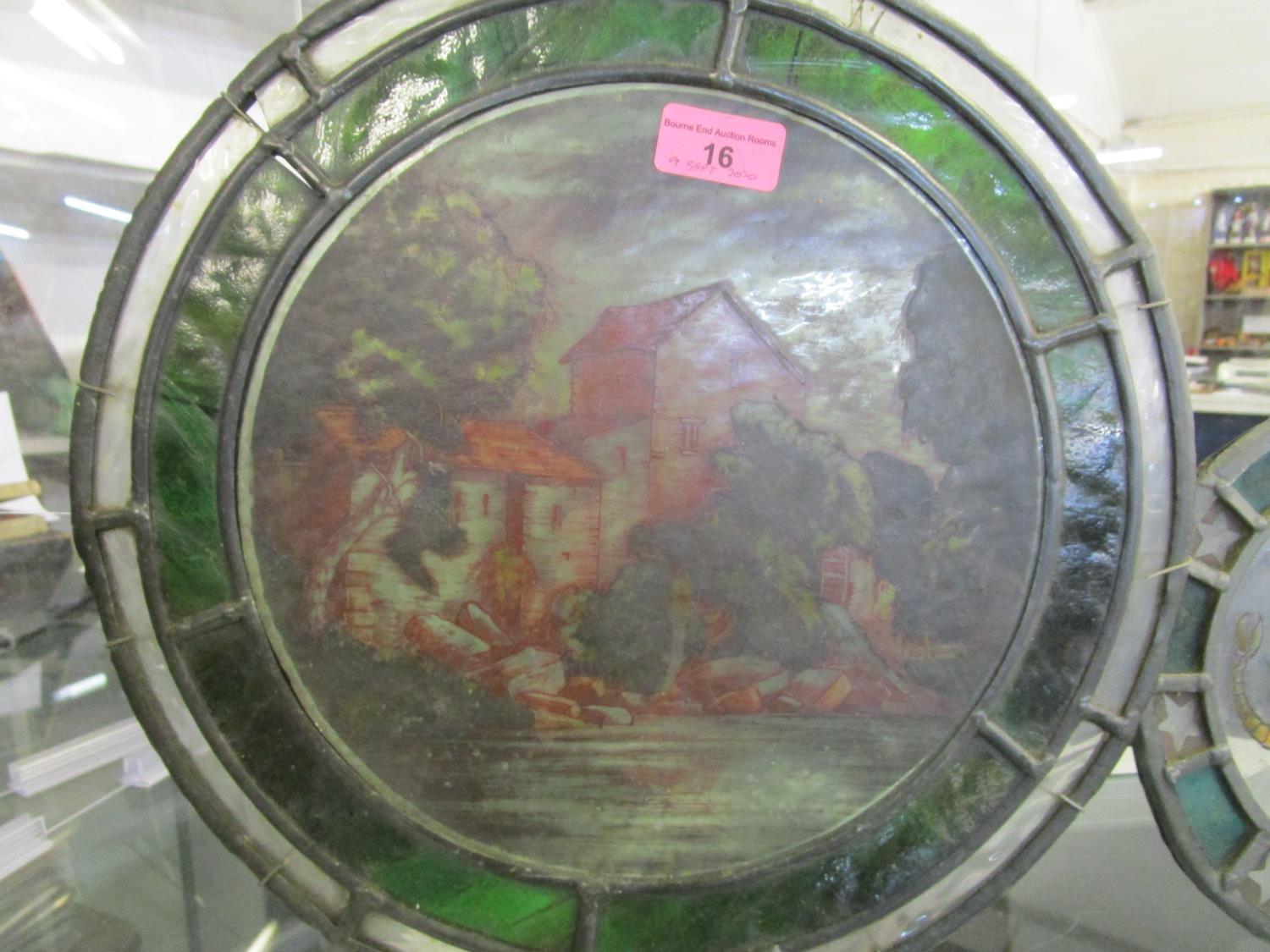 An early 20th century stained glass roundel depicting a mill house by a river, and two other later - Image 4 of 6