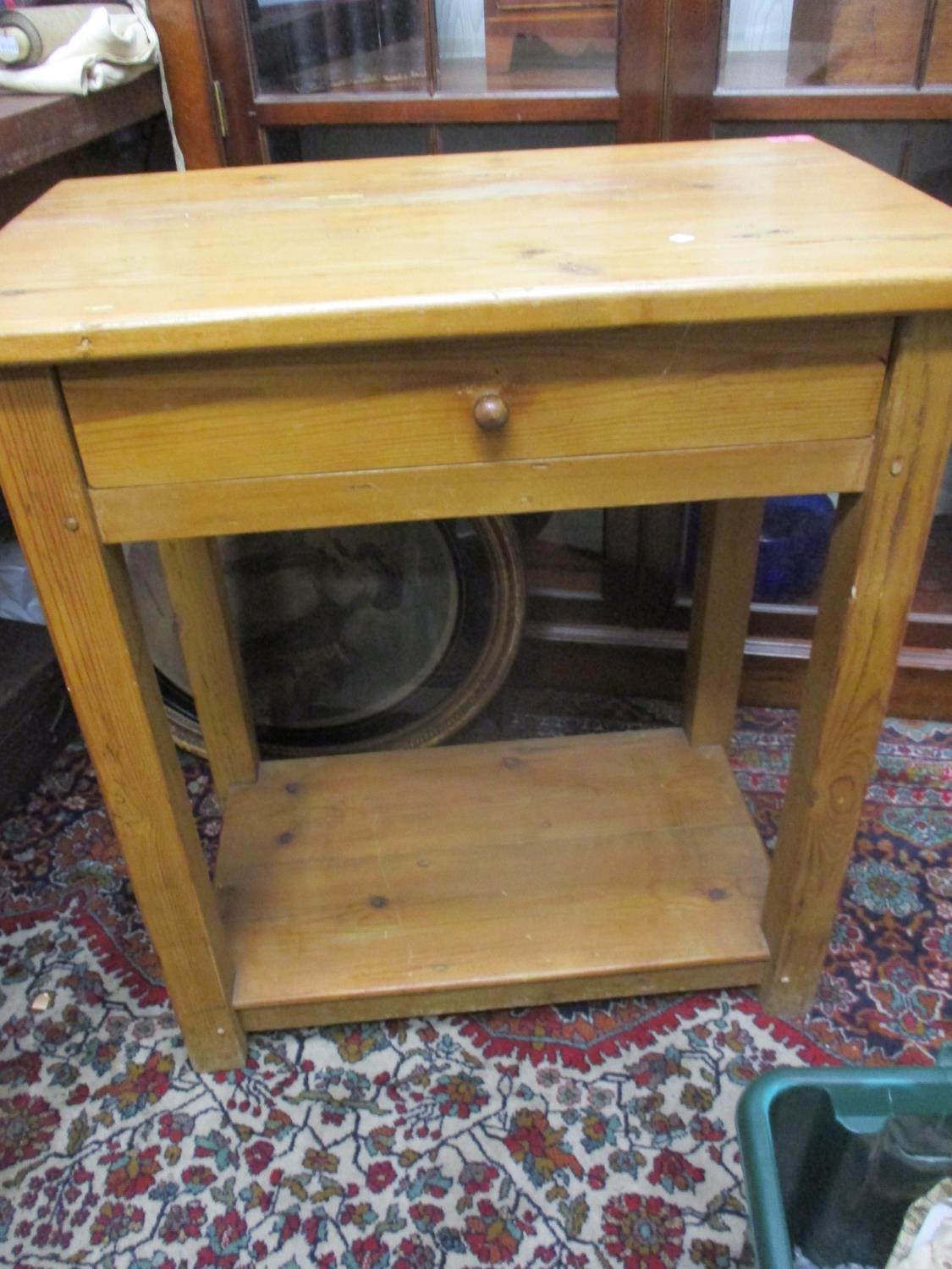 A reconstituted pine butchers block style table with a drawer, 28" h x 26" w x 16"d - Image 2 of 2