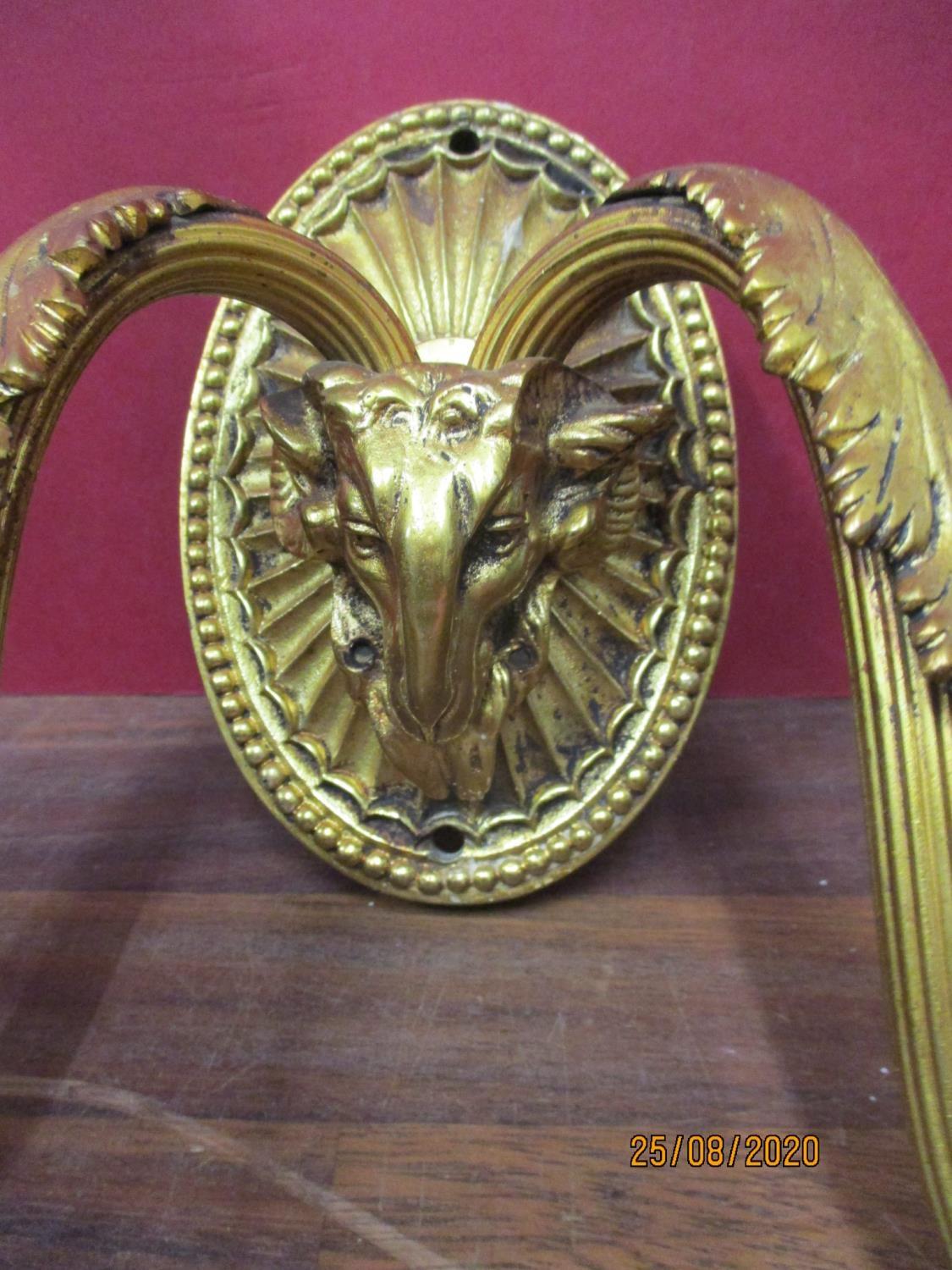 A pair of early 20th century gold painted metal wall lights A/F, with glass droplets and rams head - Image 4 of 4