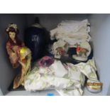 Curtains, a vintage navy dress, a vintage powder puff jar with lid and other items to include