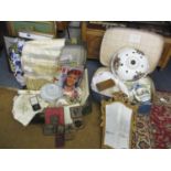 Two vintage suitcases containing vintage linen and ephemera, scarves, a retro ceramic ceiling