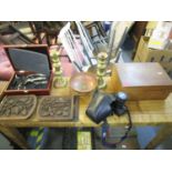 A miscellaneous lot to include a carved book stand, a Canon 505 500 camera, boxed bar set, work